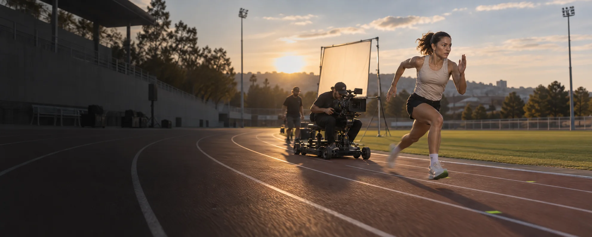 A runner accelerating beside a camera dolly during a golden-hour advertising shoot