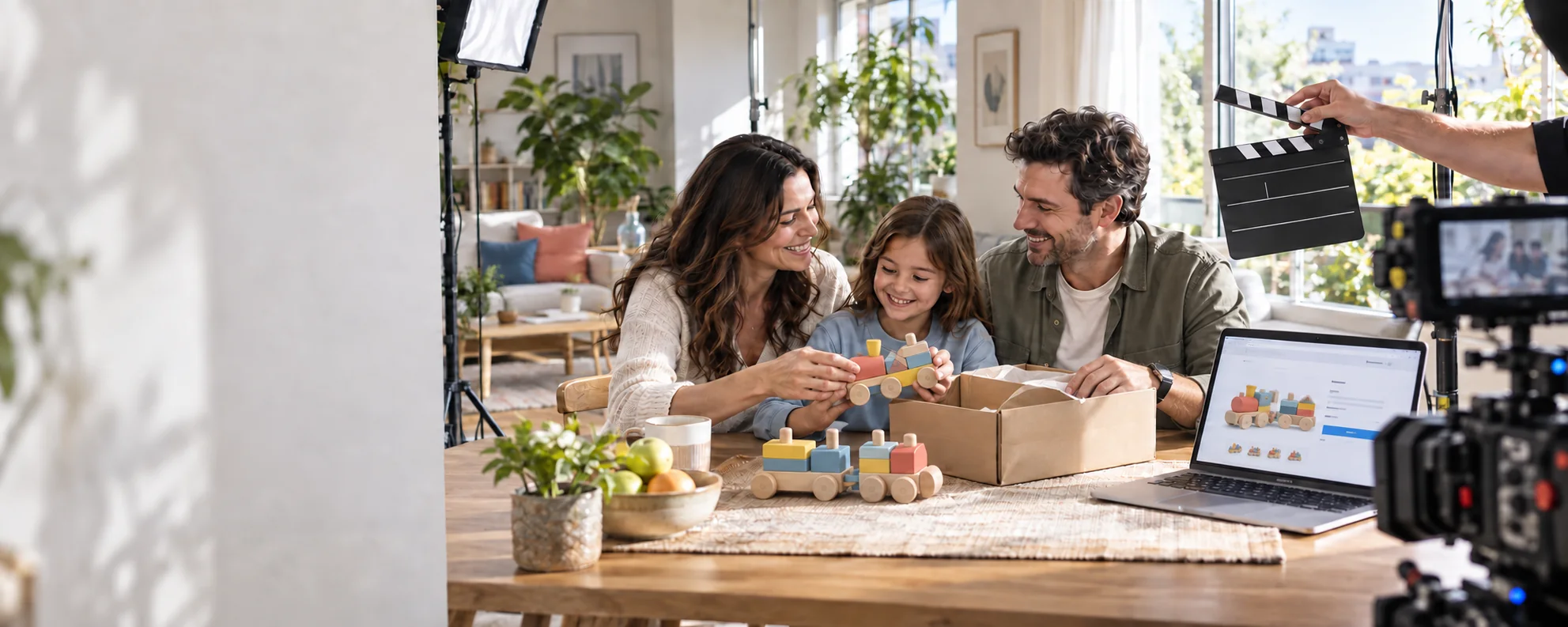 A family exploring a wooden toy on a bright advertising set, with a clapperboard, cinema camera and ecommerce screen
