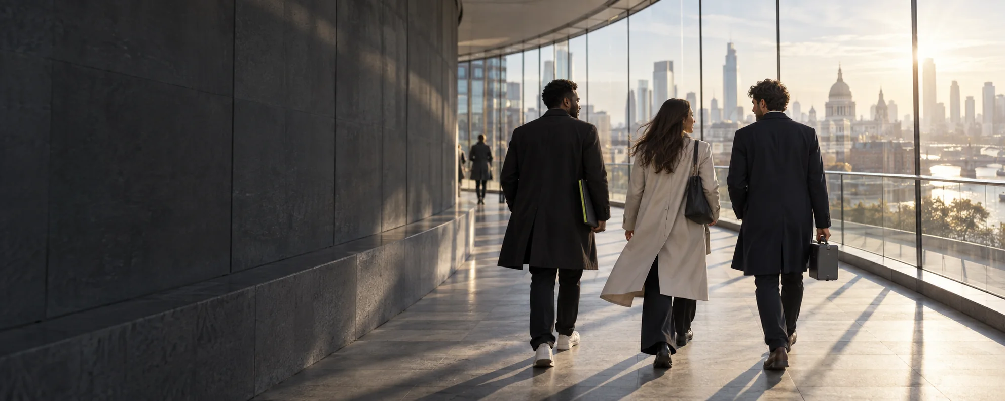 Three creative professionals walking together toward a bright morning city horizon