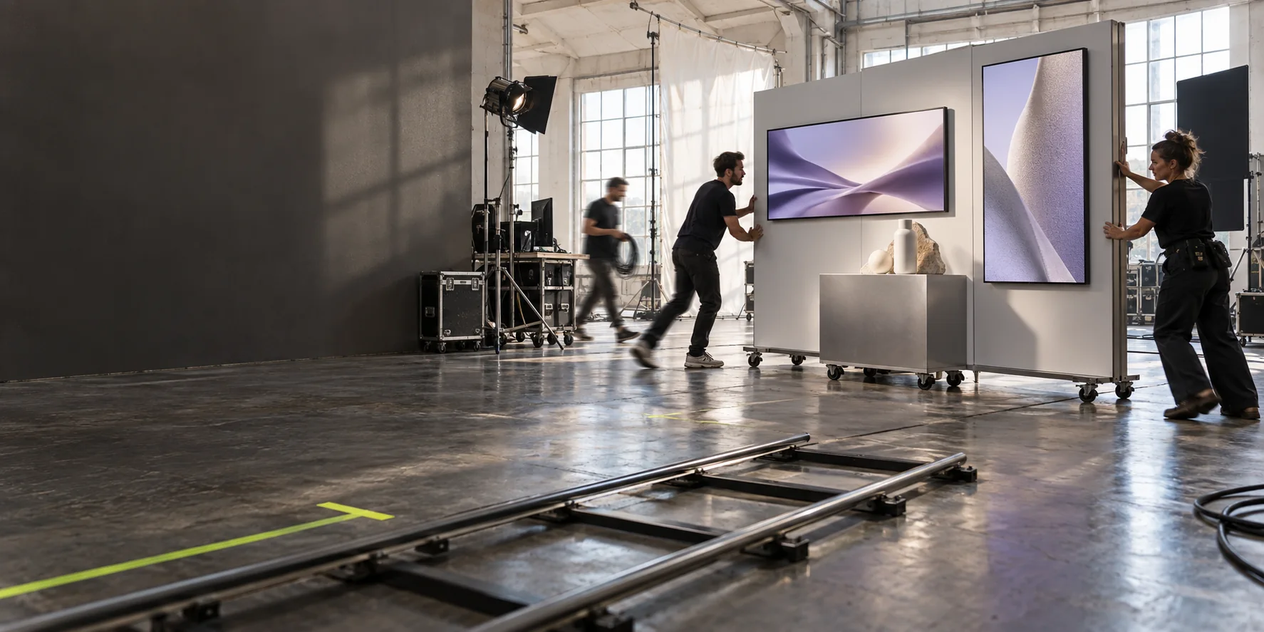 A production team moving a campaign display into position in a bright working studio