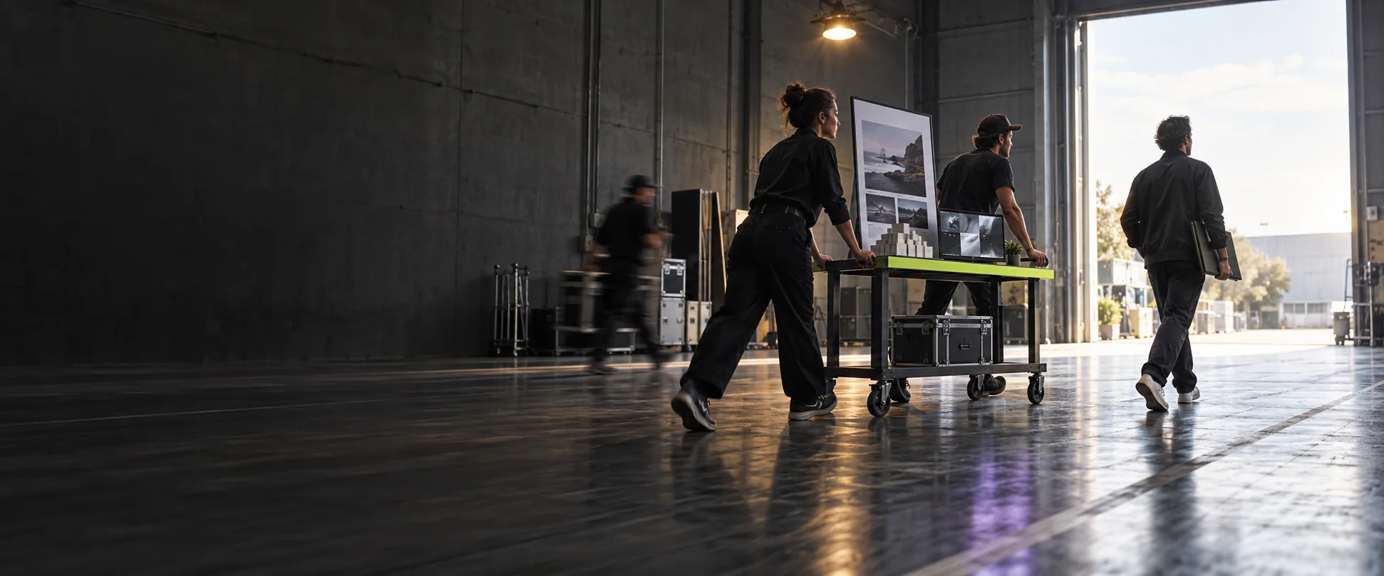 A creative production team moving finished campaign work toward a bright studio exit