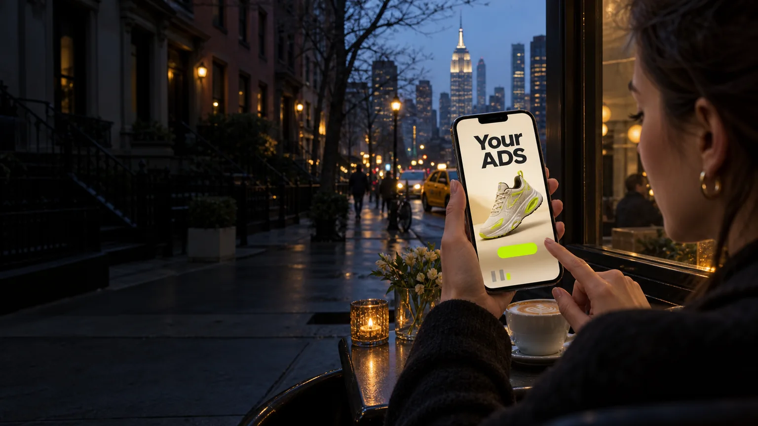 A woman in a New York café holds a phone displaying a Your ADS sneaker creative.