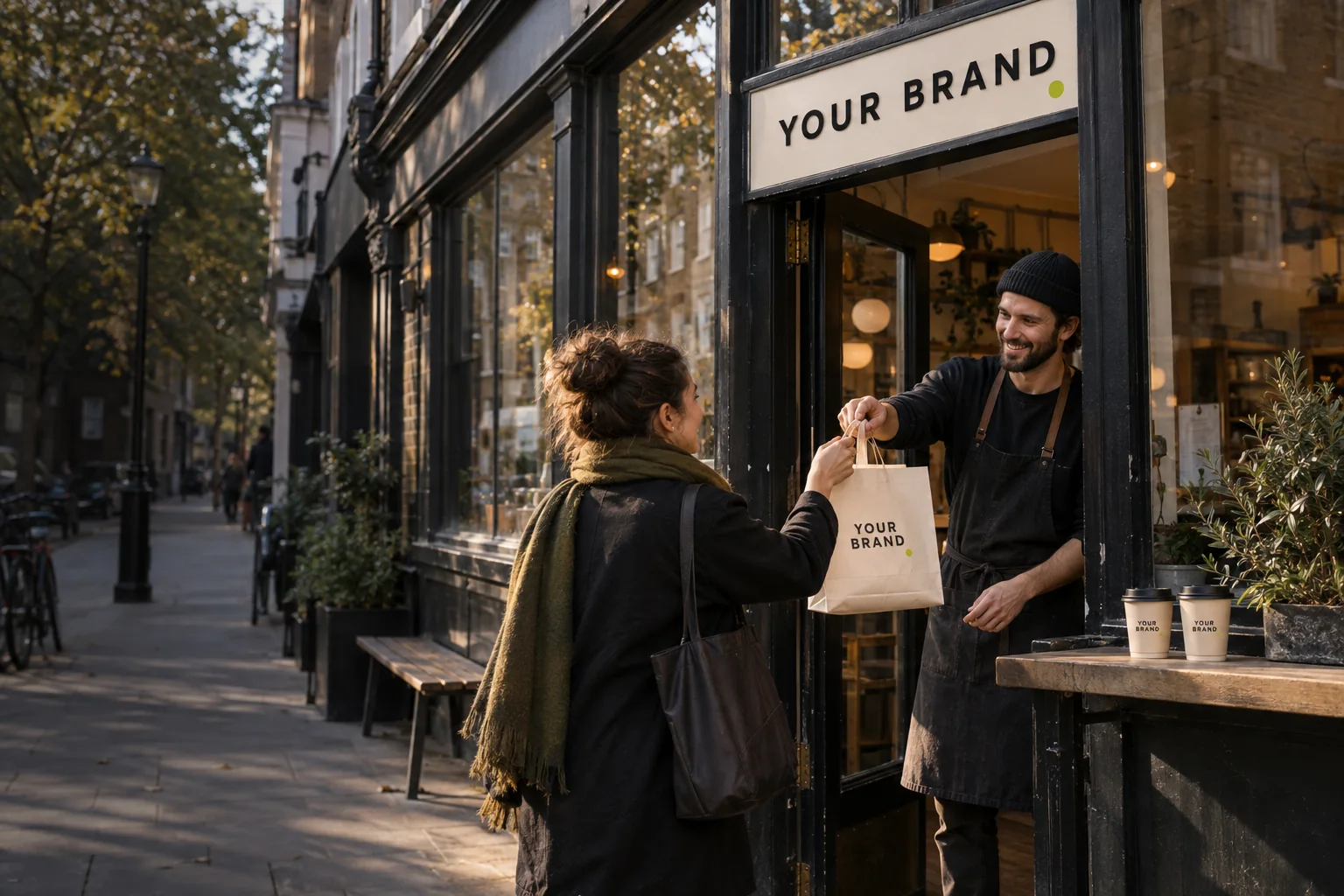 A café owner hands a customer a branded bag beside matching cups and packaging