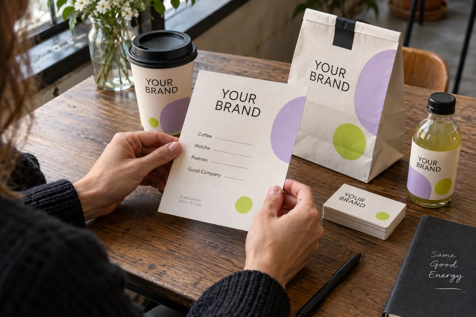 Hands reviewing a printed menu beside matching cups, packaging and labels
