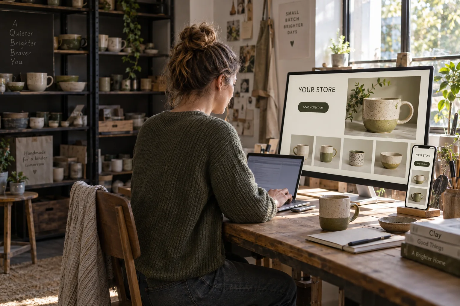 A boutique owner using an online storefront on a desktop monitor and smartphone