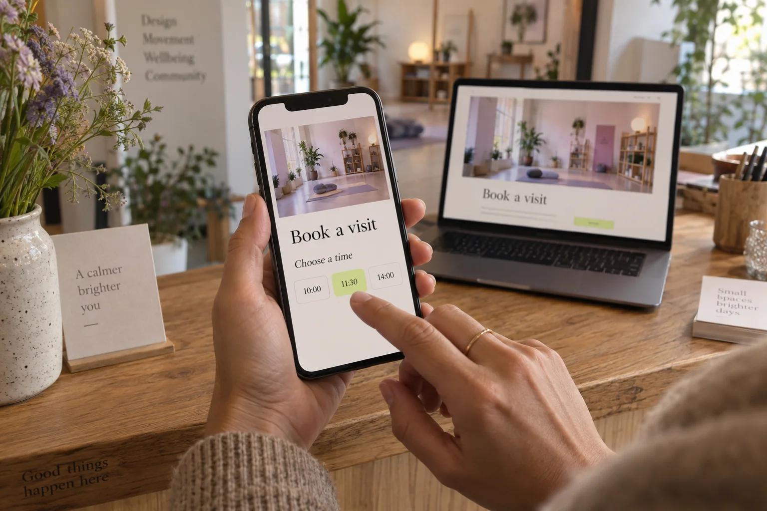 A customer booking a visit on a smartphone beside a business website on a laptop