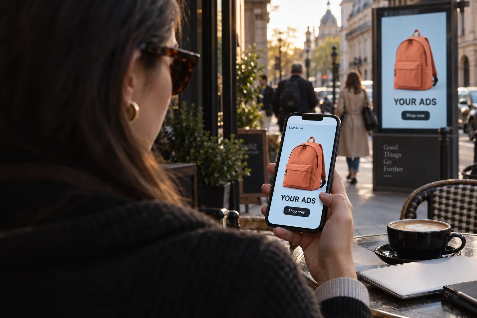 A customer viewing a coral-backpack ad on a smartphone with a matching city billboard nearby