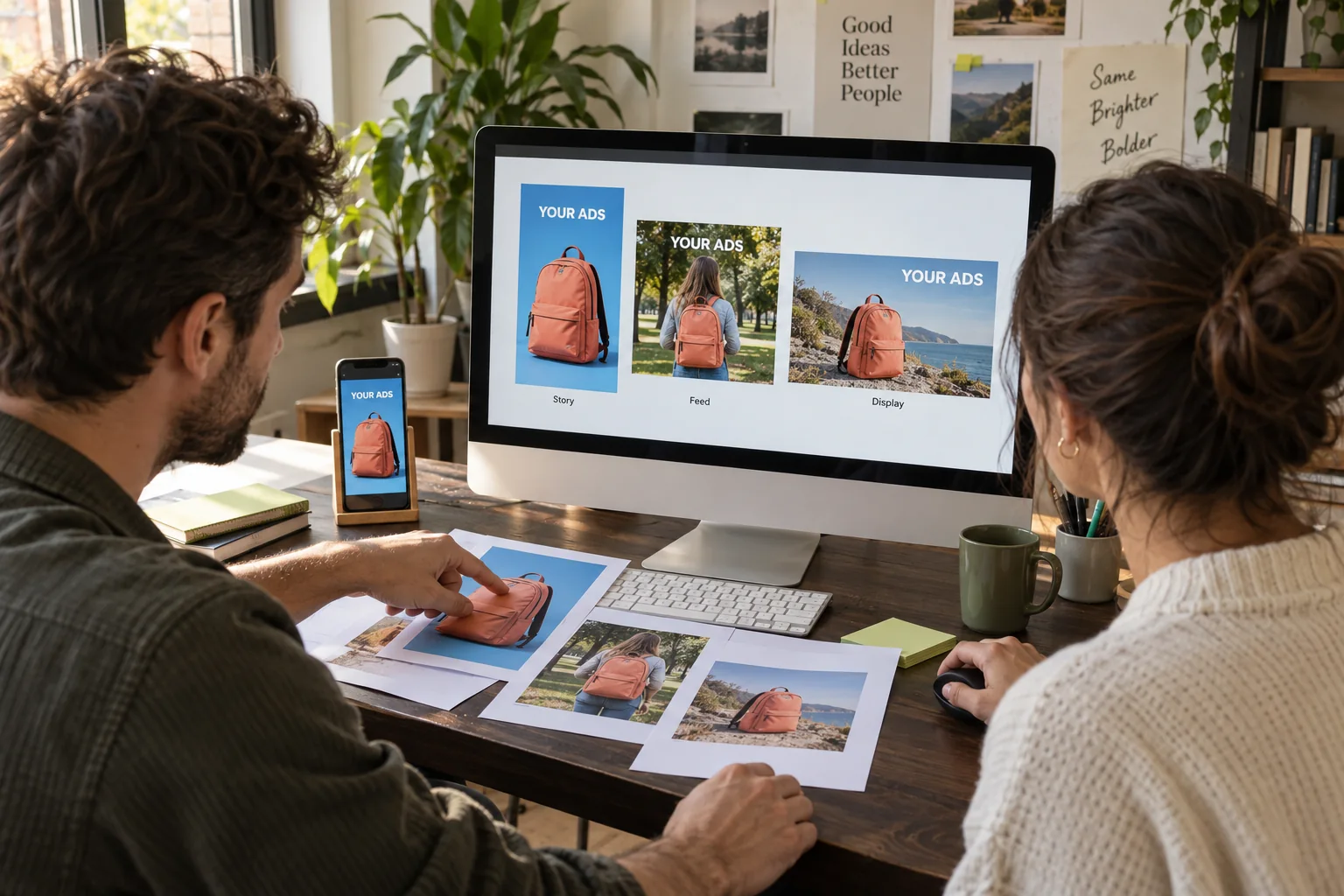 Two campaign planners reviewing story, feed and display creative versions of a coral-backpack ad