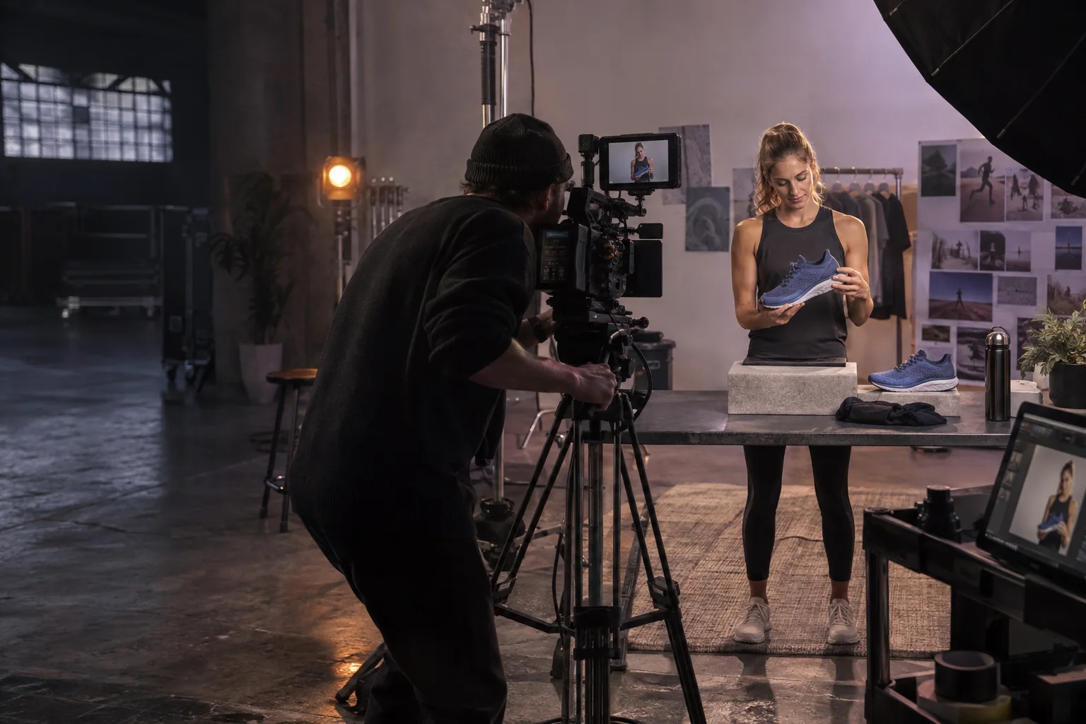 A director and camera crew filming an athlete holding a blue running shoe on a campaign set