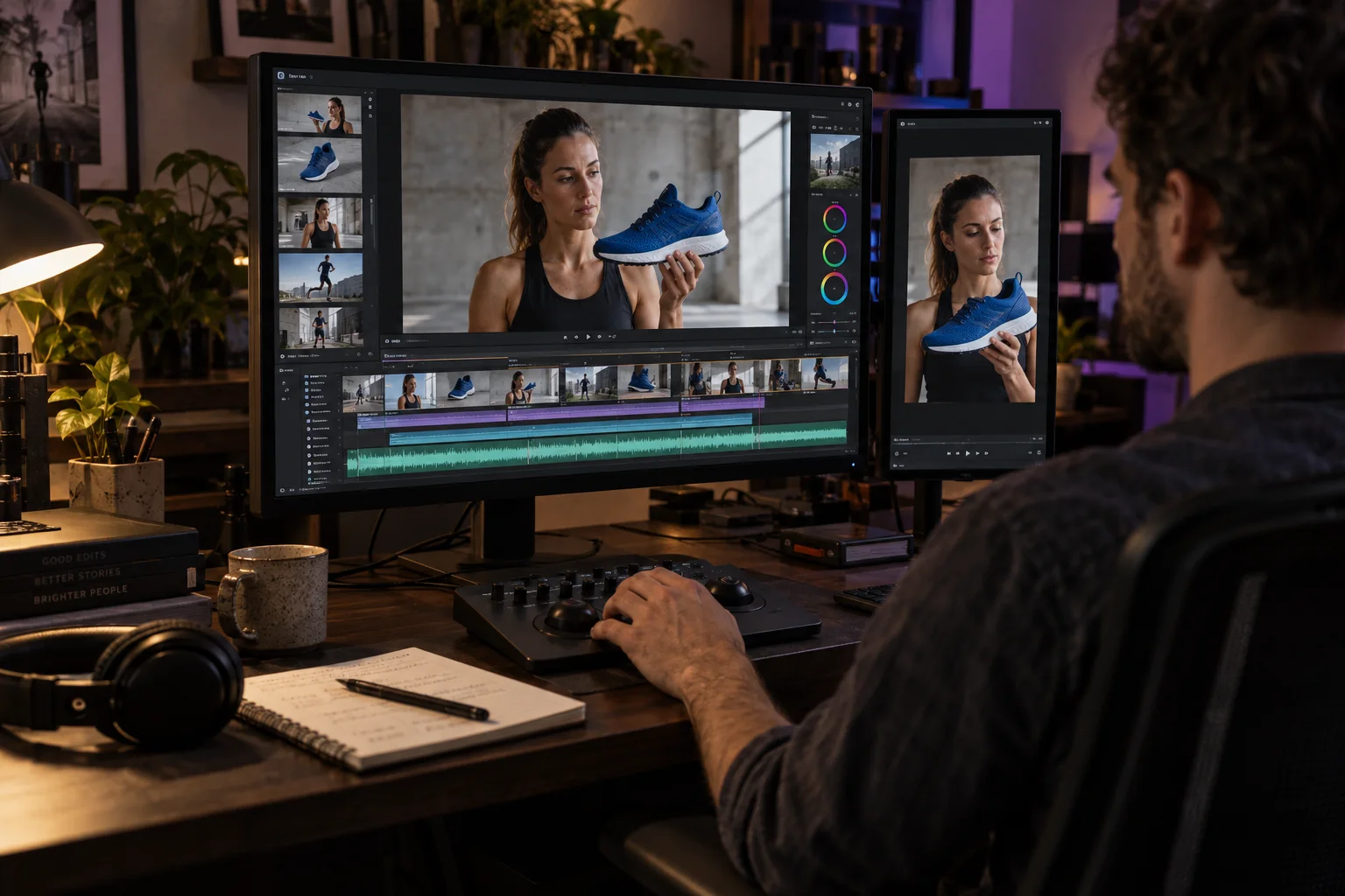 An editor working on blue-shoe campaign footage with a vertical video preview beside the edit