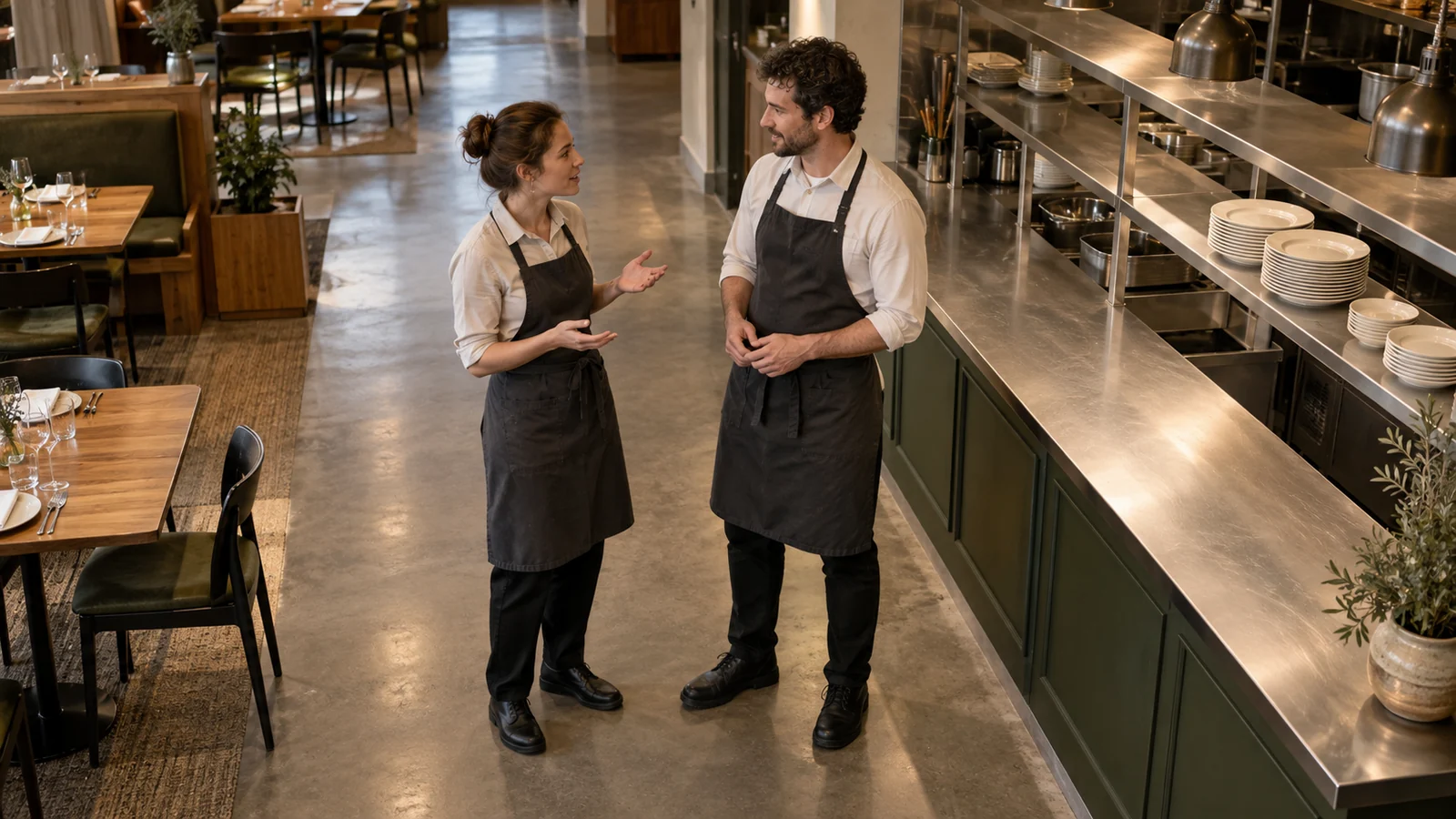 Two restaurant colleagues talking at a service station.