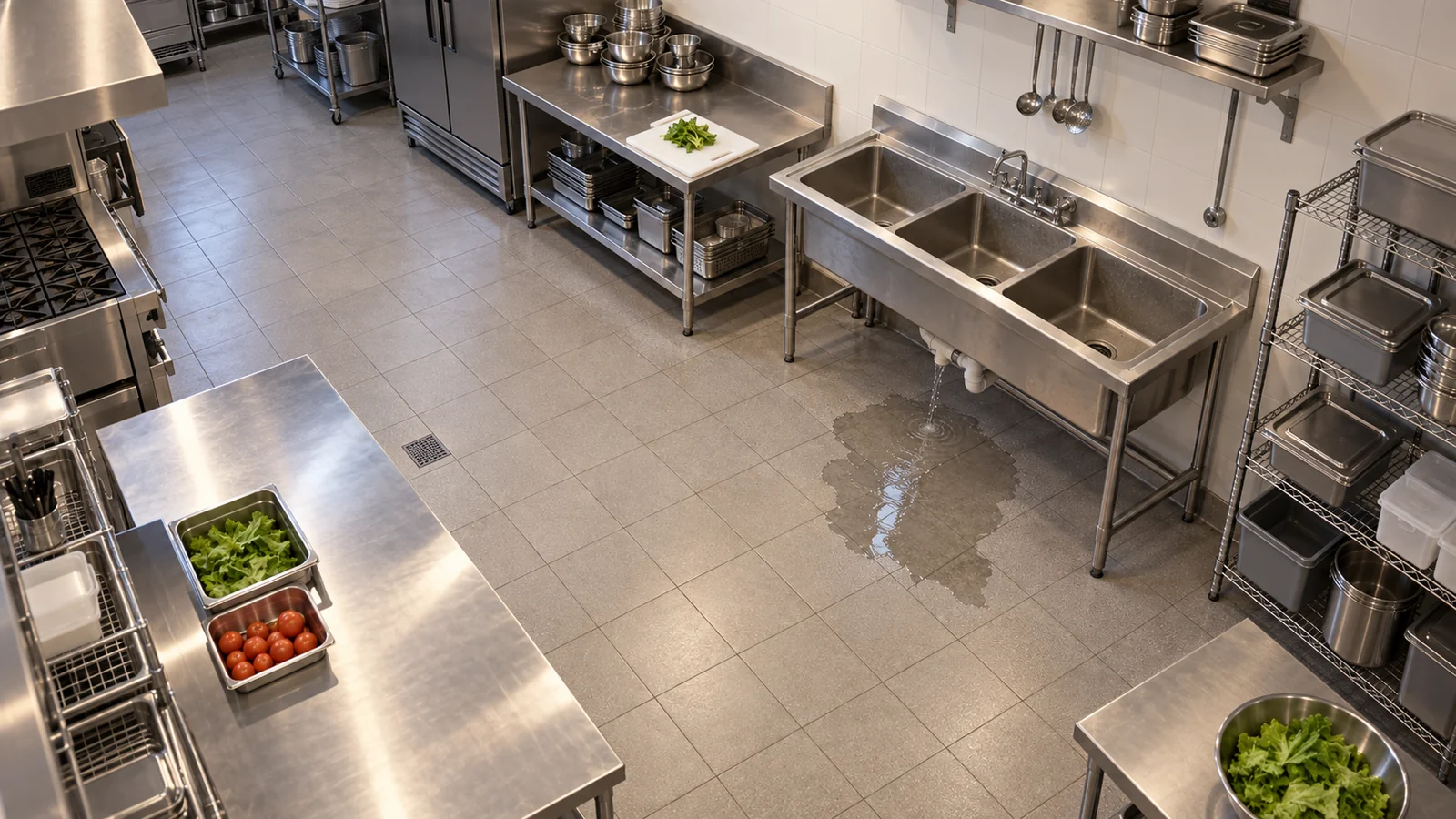 Water leaking onto the floor in a commercial kitchen.