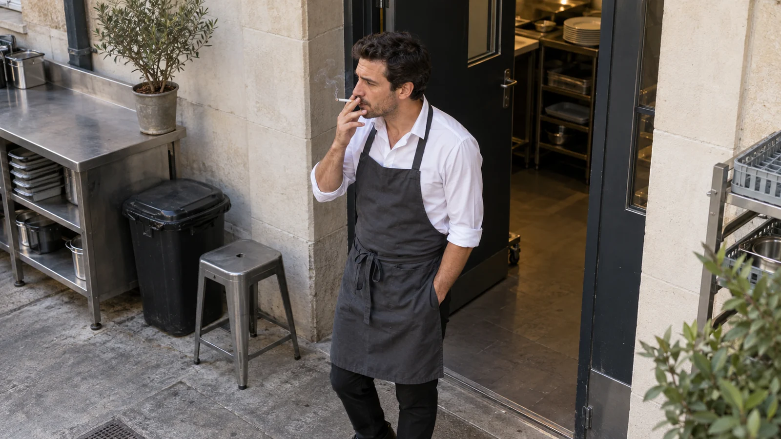 A waiter holding a cigarette beside a restaurant service entrance.