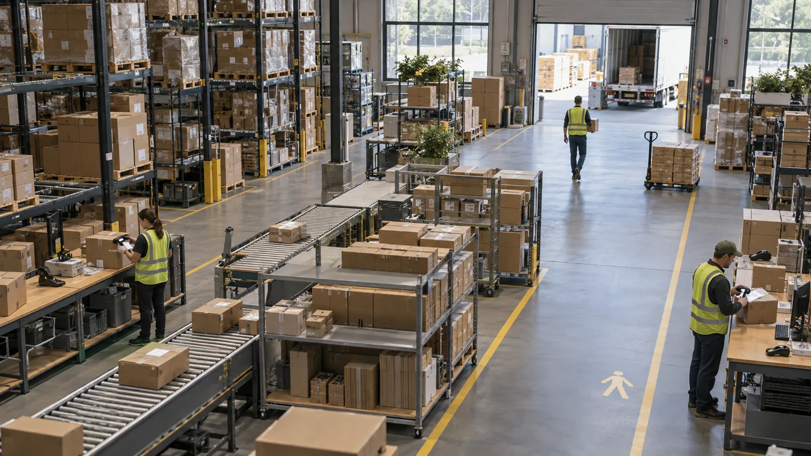 Warehouse team working at packing stations beside a marked pedestrian aisle